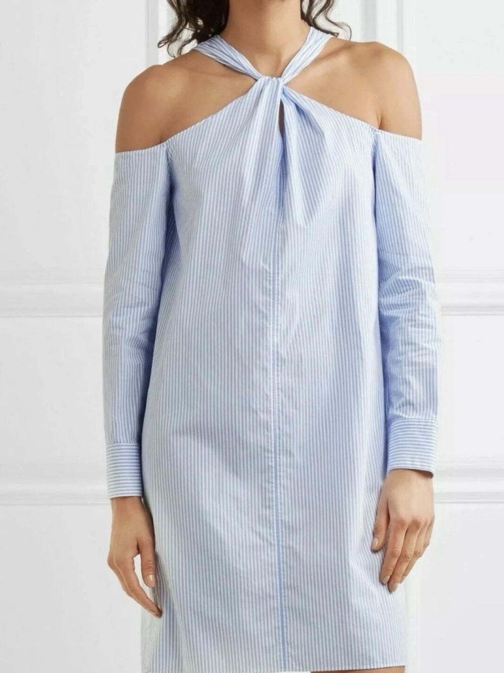 rag & bone Light Blue Striped Cold-Shoulder Twist Neck Dress
